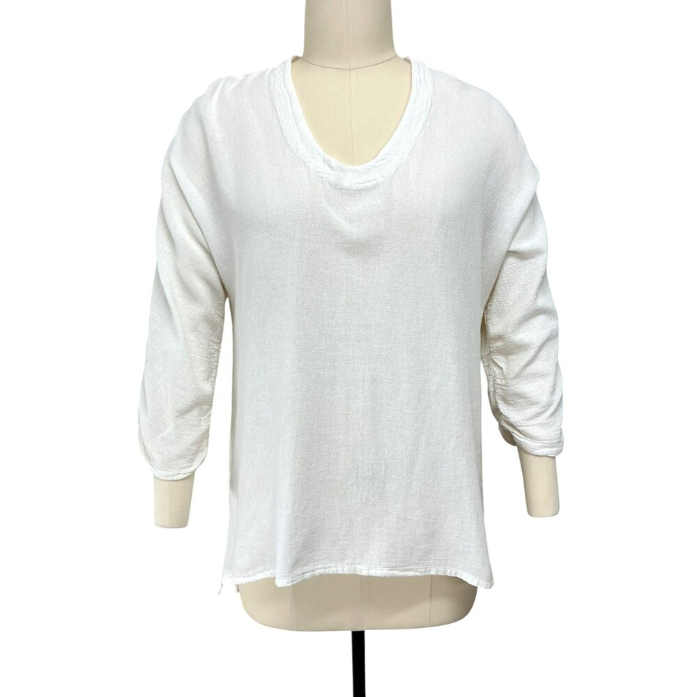 Oh My Gauze Tunic Top sz 2 L/XL Cream Scoop Neck Ruched Sleeve Cotton Asymmetric